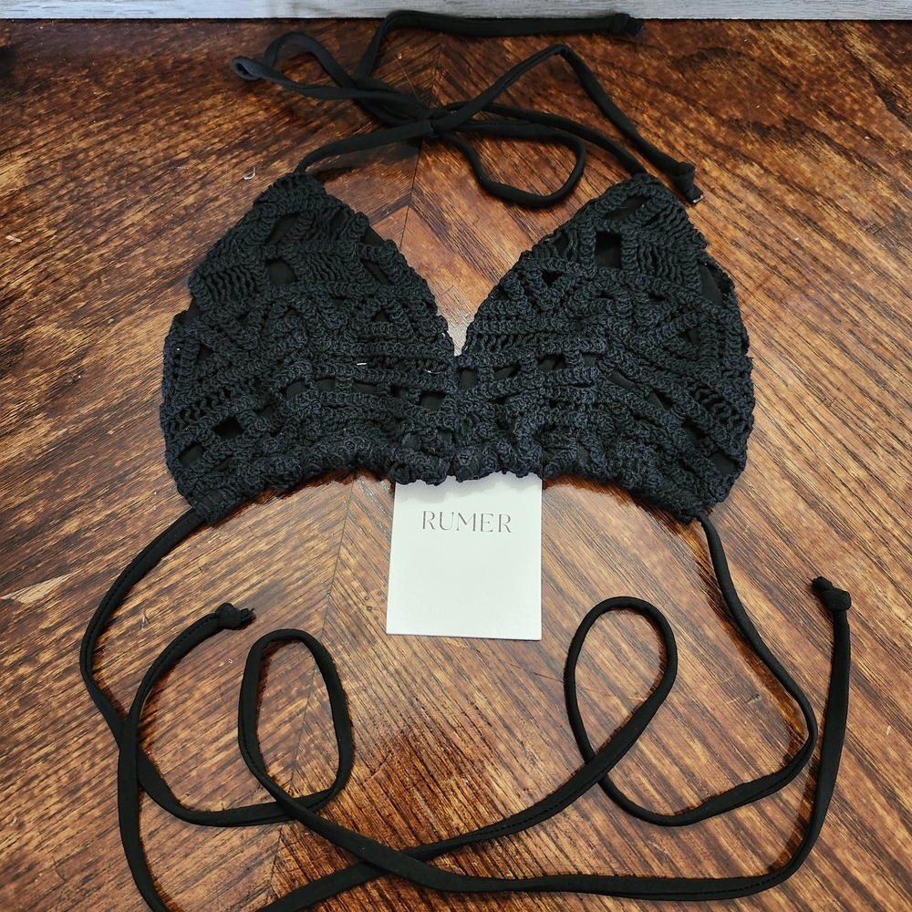 NWT Revolve Rumer Black Ines Triangle Crochet Swim Top. Sz L - Picture 2 of 8